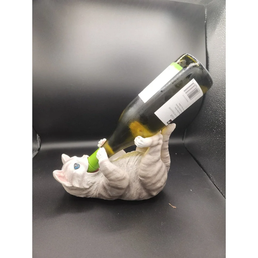 Gray Cat Tipsy Kitty Wine Bottle Holder Sculpture Unique Tabletop Wine Rack Used